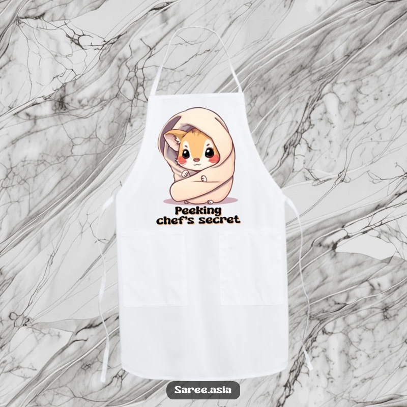 Funny apron depicting a small, curious animal peeking from behind a shimmering, draped wrap, perfect for kitchen fun.