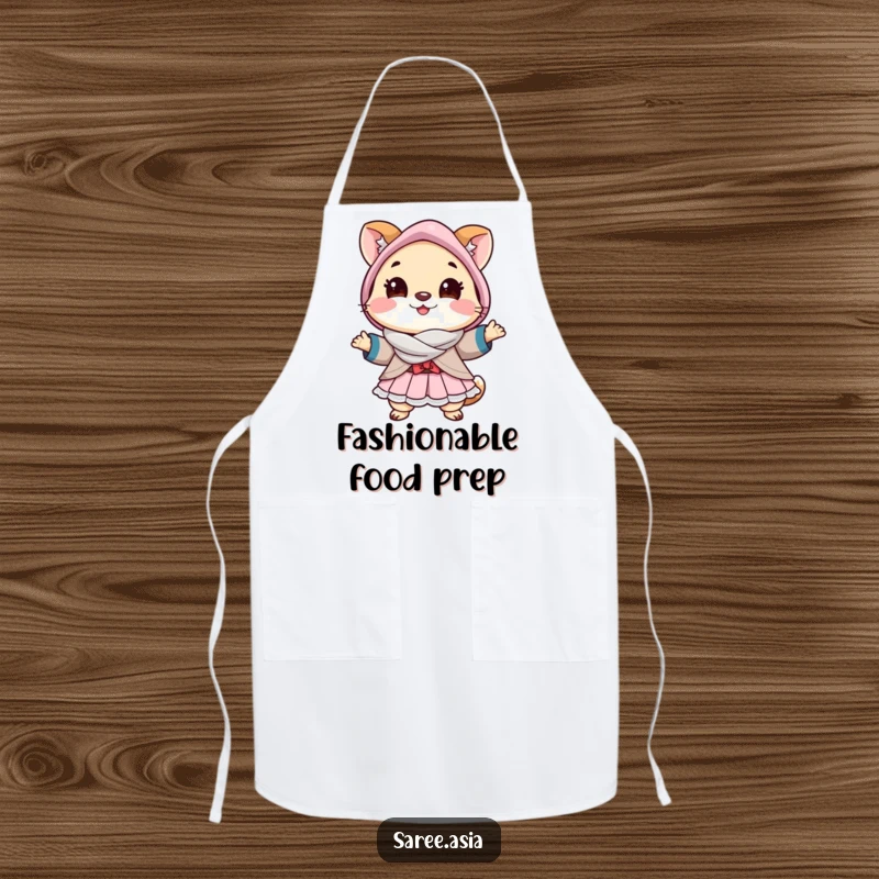 Funny apron with a cheerful small animal in a layered outfit striking a pose, perfect for a stylish and confident cook.