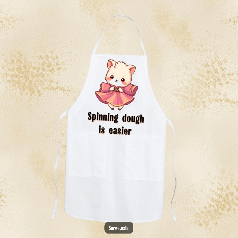 Funny apron with a fluffy animal in a vibrant garment twirling gracefully, perfect for a cheerful and elegant cook.