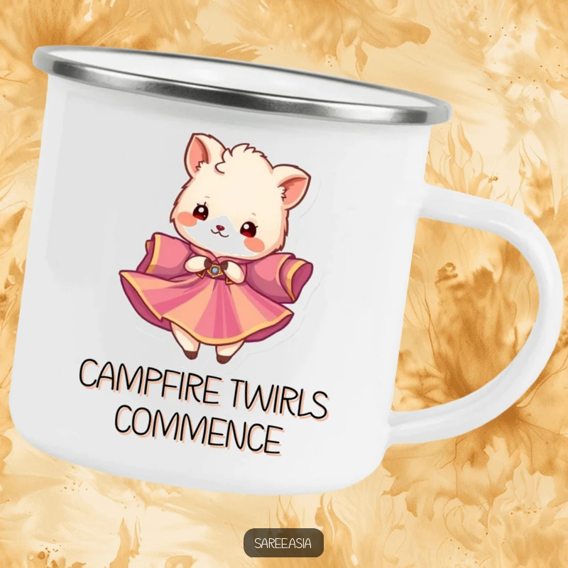 Funny camping mug with a fluffy animal in a vibrant garment twirling gracefully, perfect for stylish outdoor enjoyment.