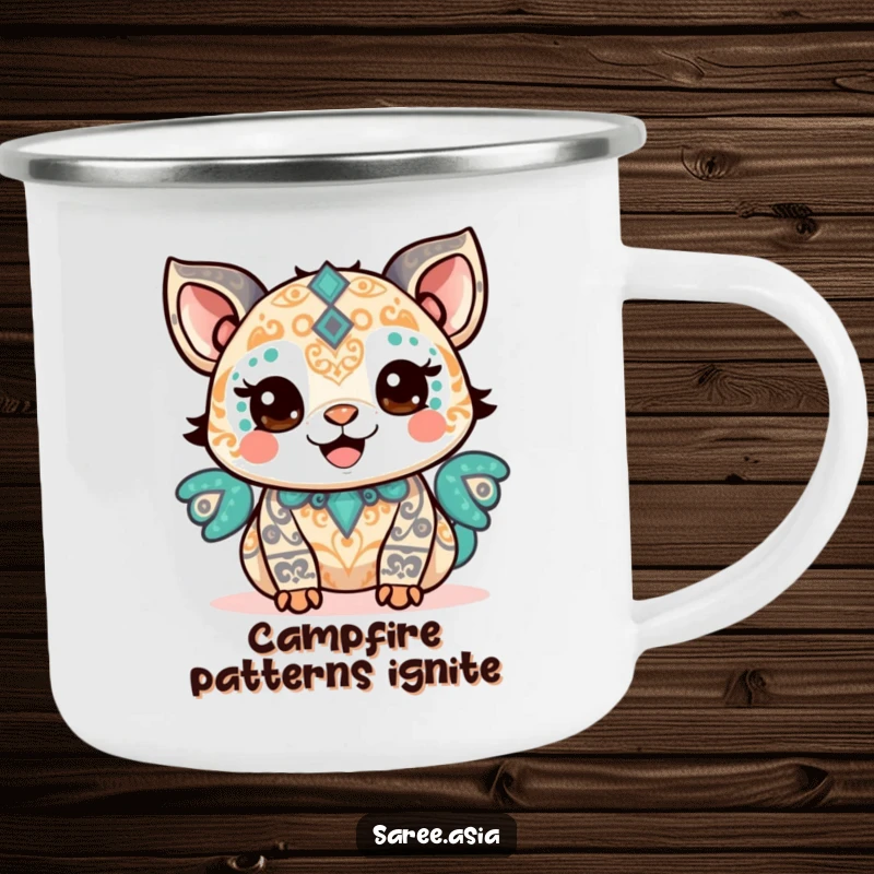 Funny camping mug with a happy small animal adorned with intricate patterns, beaming with pride, ready for celebrations.