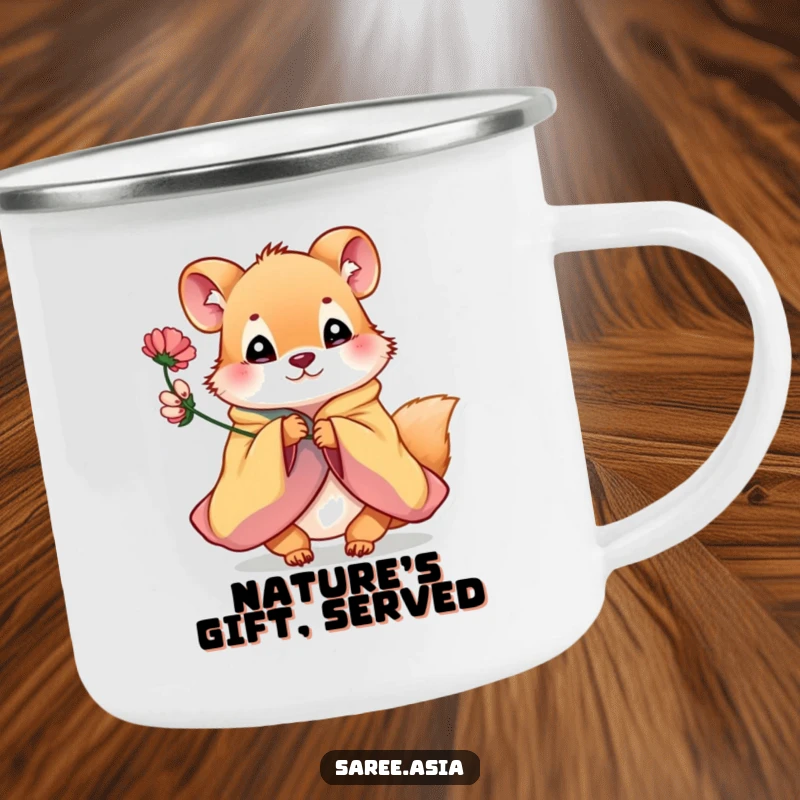 Funny camping mug with a playful small animal in a colorful garment offering a flower, perfect for charming outdoor moments.