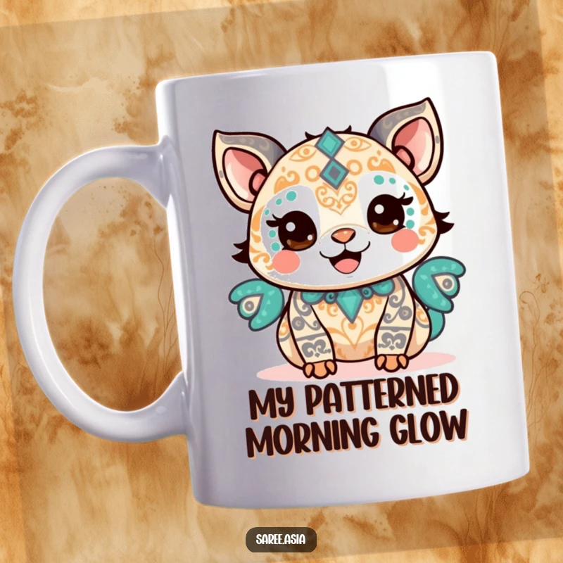 Funny mug with a happy small animal adorned with intricate patterns, beaming with pride and confidence.