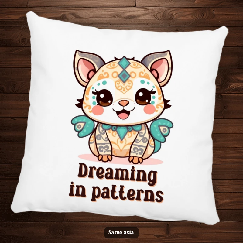 Funny pillow featuring a happy small animal adorned with intricate patterns, beaming with pride, offering comfort and joy.