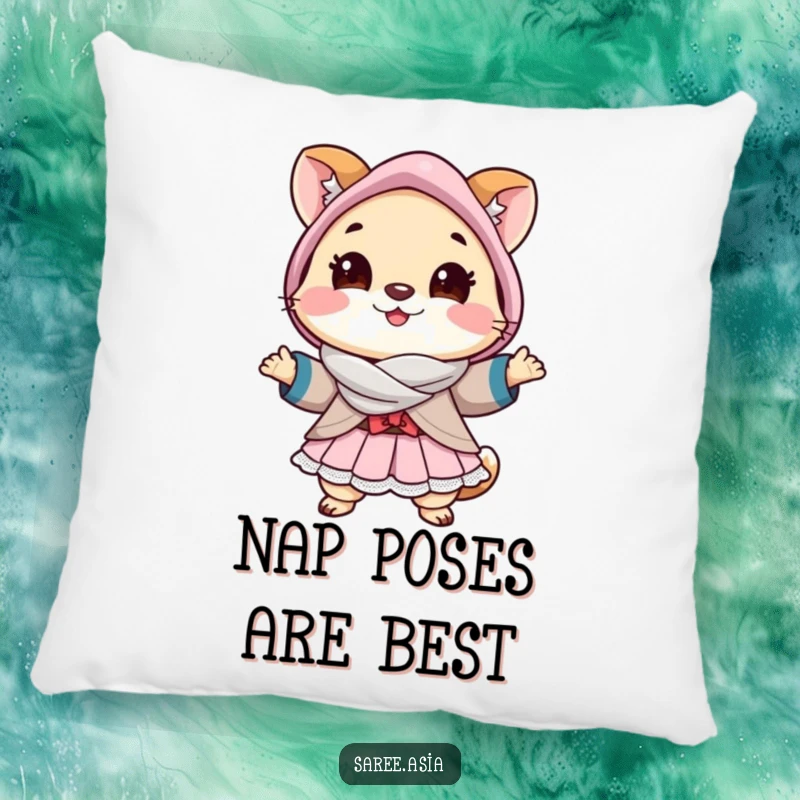 Funny pillow featuring a cheerful small animal in a layered outfit striking a pose, adding elegance and humor.