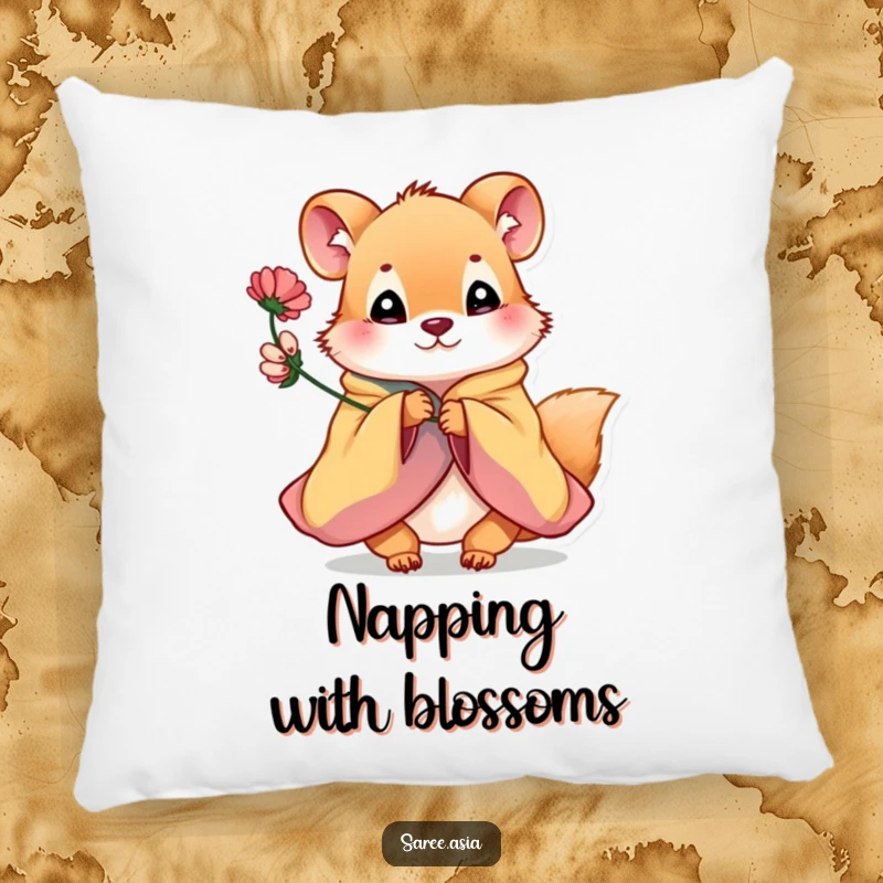 Funny pillow featuring a playful small animal in a colorful garment offering a flower, bringing comfort and charm.