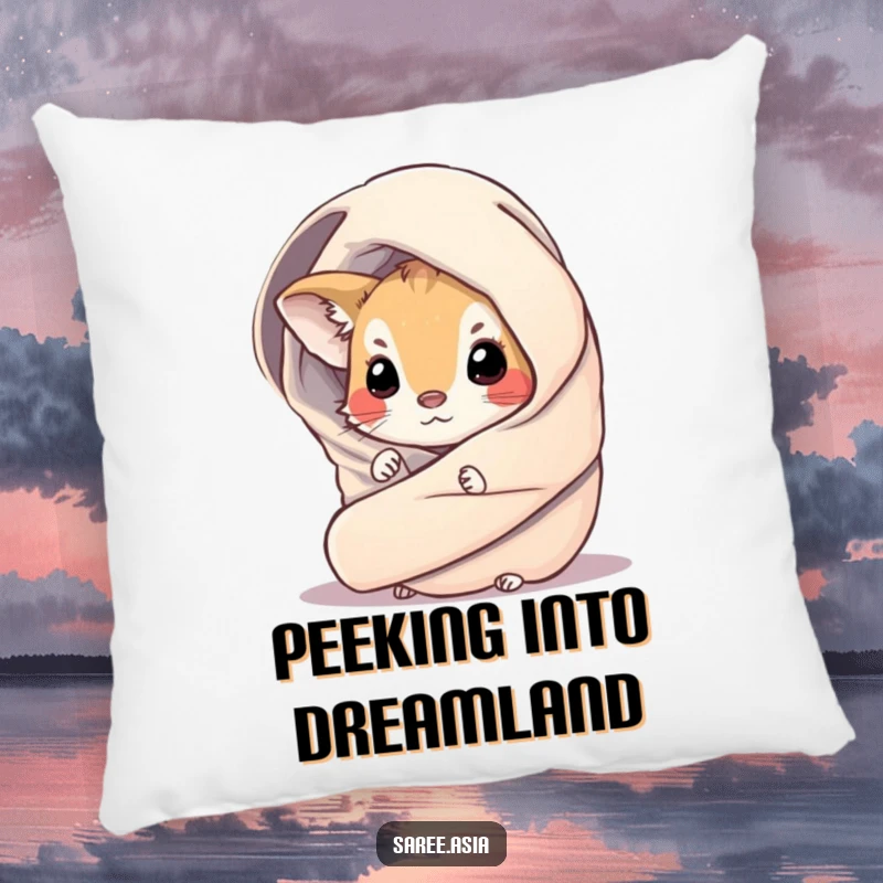 Funny pillow with a small, curious animal peeking from a shimmering, draped wrap, offering comfort with a hint of playful intrigue.