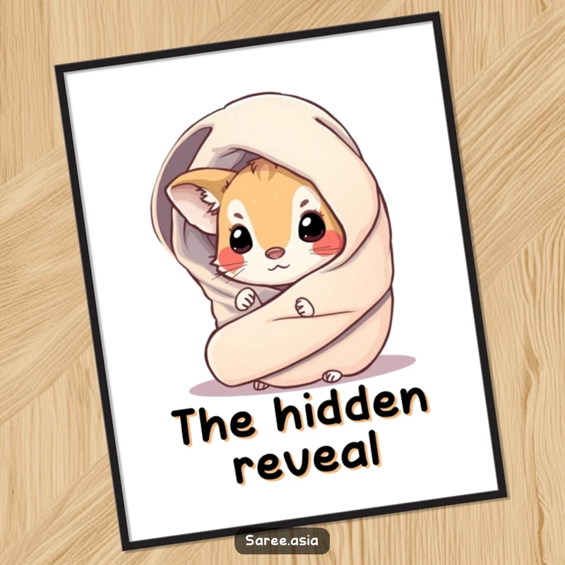 Funny digital art print of a small, curious animal peeking from a shimmering, draped wrap, perfect for instant download and display.