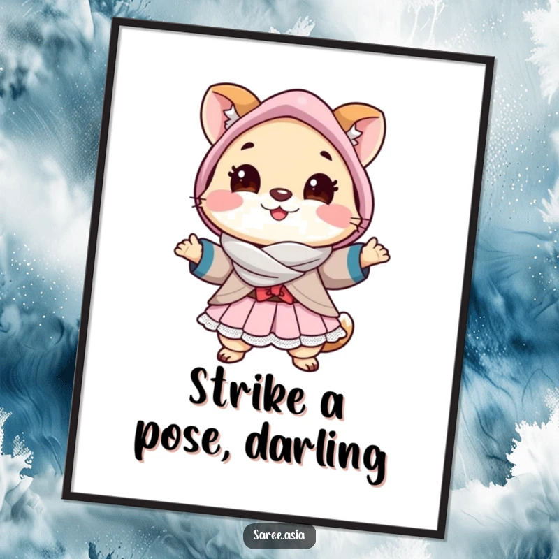 Funny digital art print of a cheerful small animal in a layered outfit striking a pose, embodying confidence and fashion.
