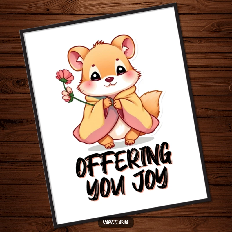 Funny digital art print of a playful small animal in a colorful garment offering a flower, symbolizing kindness and joy.