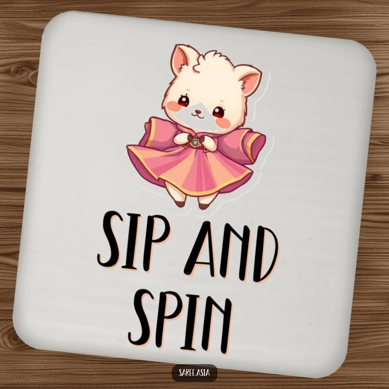 Funny drink coaster featuring a fluffy animal in a vibrant garment twirling gracefully, adding a touch of artistic charm.