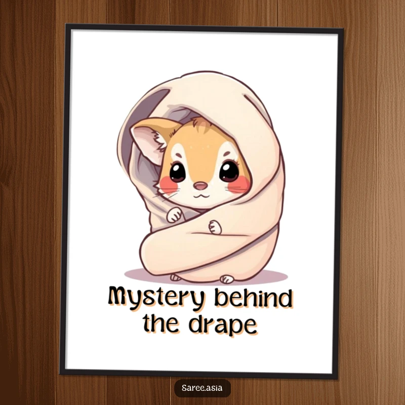 Funny poster art of a small, curious animal peeking from behind a shimmering, draped wrap, creating a whimsical and captivating scene.