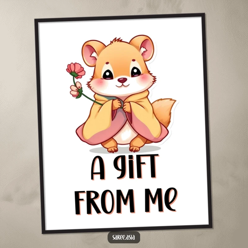 Funny poster of a playful small animal in a colorful garment offering a flower, symbolizing kindness and sweet moments.