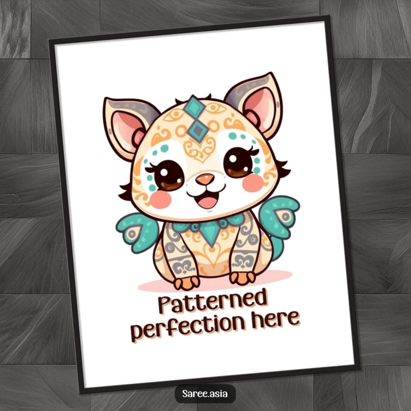 Funny poster of a happy small animal adorned with intricate patterns, beaming with pride, symbolizing accomplishment and joy.