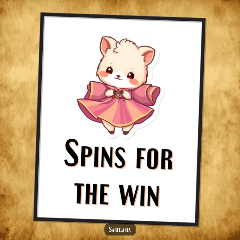 Funny poster of a fluffy animal in a vibrant garment twirling gracefully, an artistic representation of joy and movement.