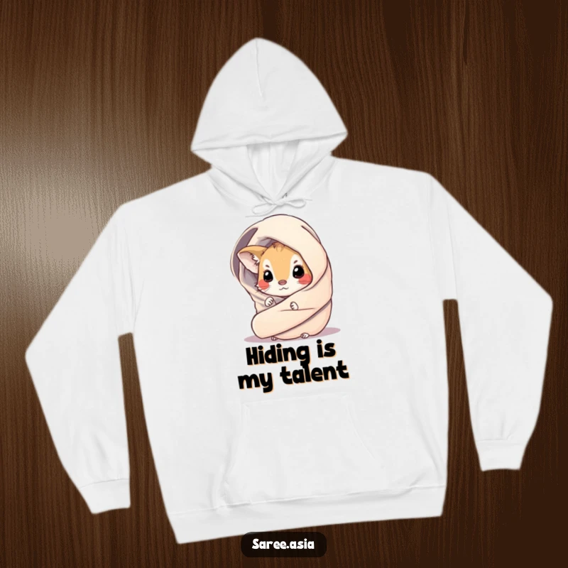 Funny hoodie featuring a captivating small animal peeking out from a shimmering, draped wrap, embodying curiosity and cozy comfort.