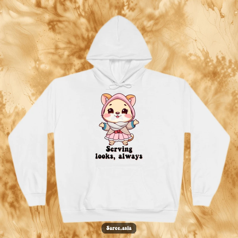 Funny hoodie with a cheerful small animal in a layered outfit striking a pose, perfect for cozy, stylish lounging.