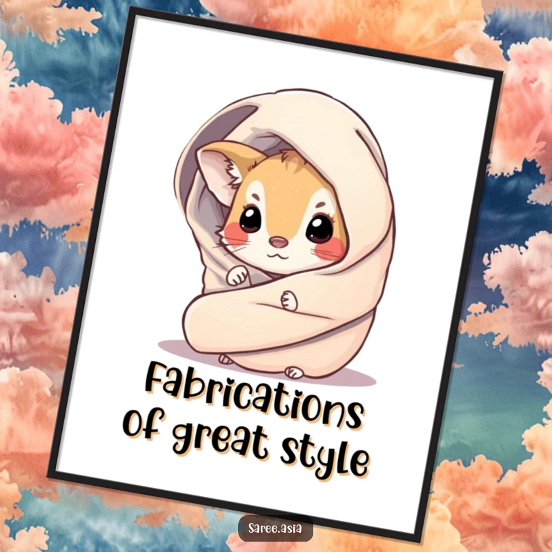 Funny Free Printable Wall Art of a curious small animal in a shimmering wrap peeking out from behind flowing fabric.