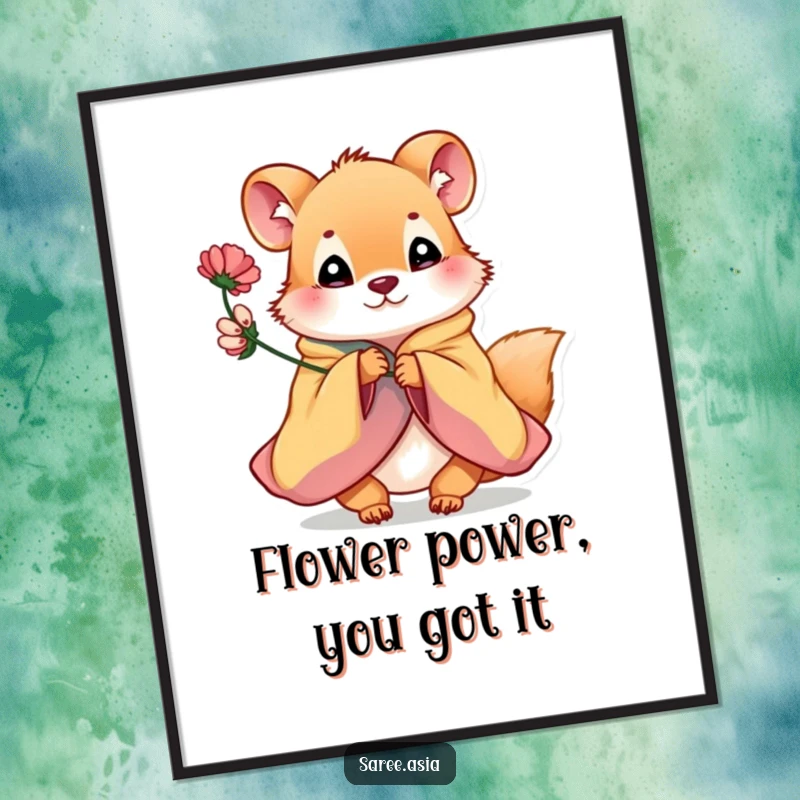 Funny Free Printable Wall Art: A playful small animal in a colorful garment offering a flower with a cheerful demeanor.