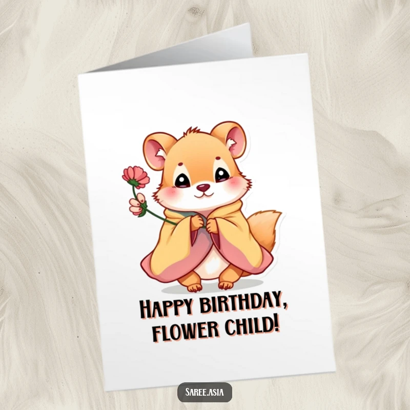 Funny Free Printable Birthday Card: Playful animal in a colorful garment offering a flower, celebrating a birthday with joy.