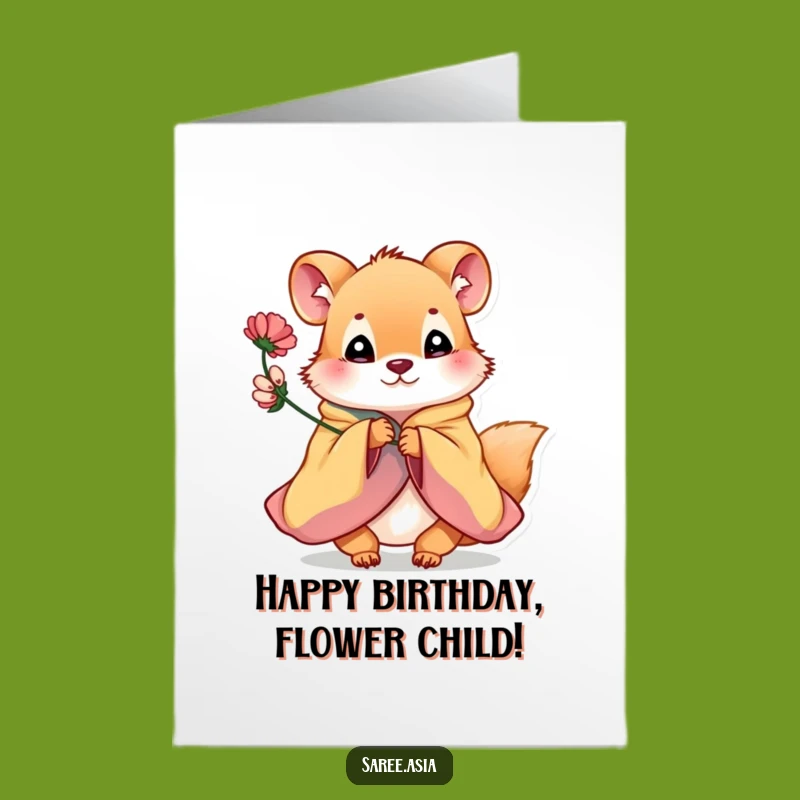 Free Printable Birthday Card: Funny Animal Offers Flower with Playful Birthday Wishes