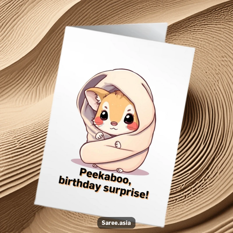 Funny Free Printable Birthday Card featuring a curious small animal in a shimmering wrap peeking playfully behind fabric.