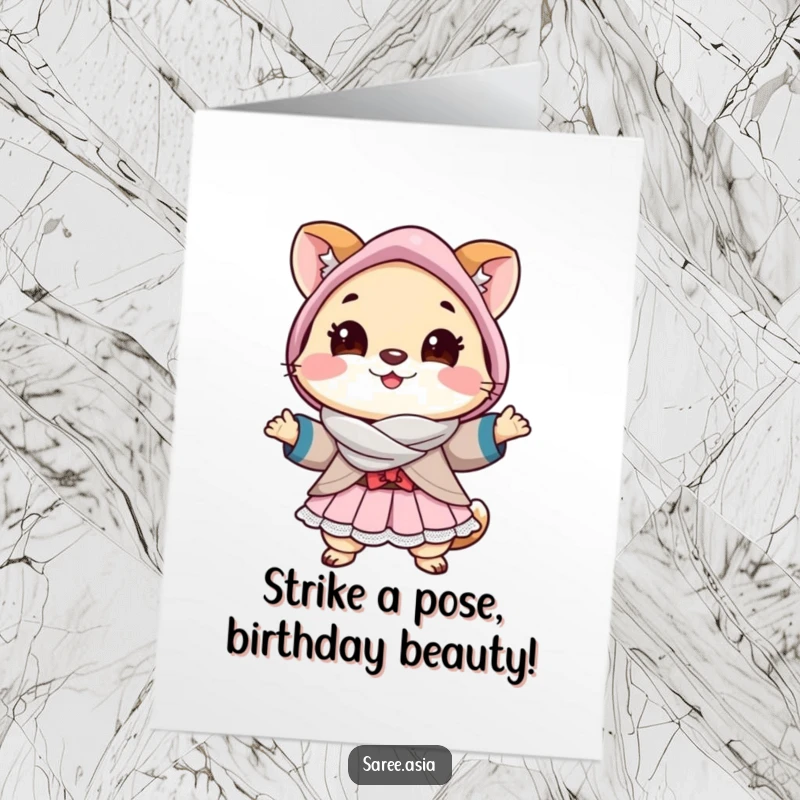 Funny Free Printable Birthday Card: Cheerful animal in a beautiful layered outfit striking a confident pose for their birthday.