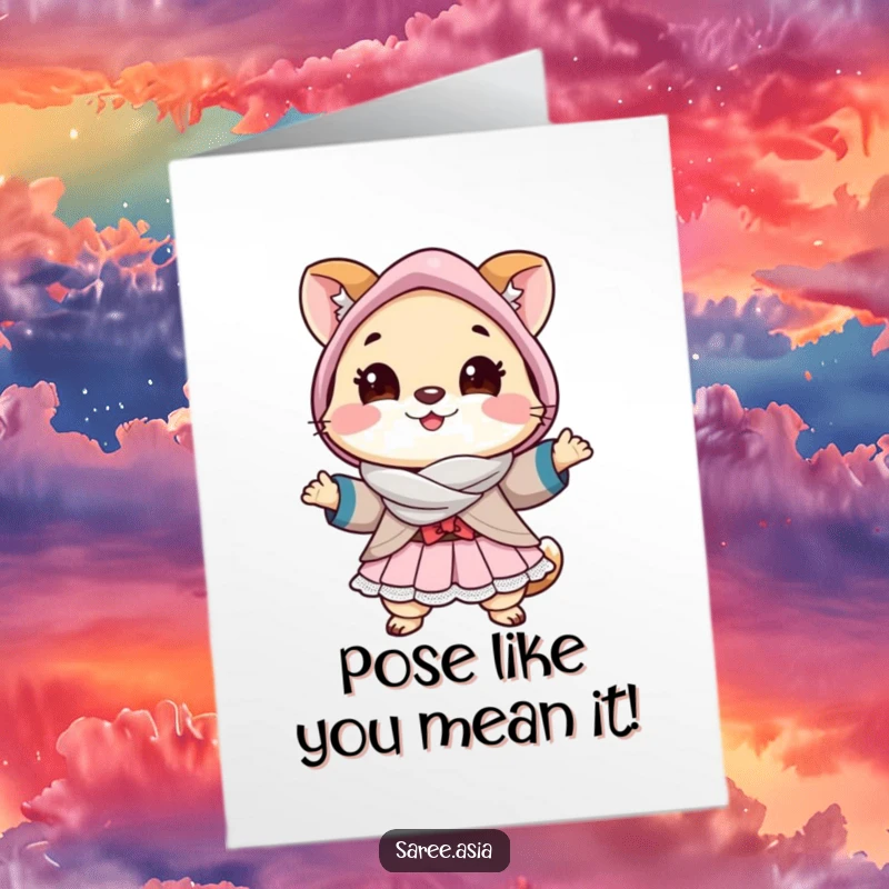 Funny Free Printable Congratulations Card: Small animal in a layered outfit striking a fabulous pose to mark a great achievement.