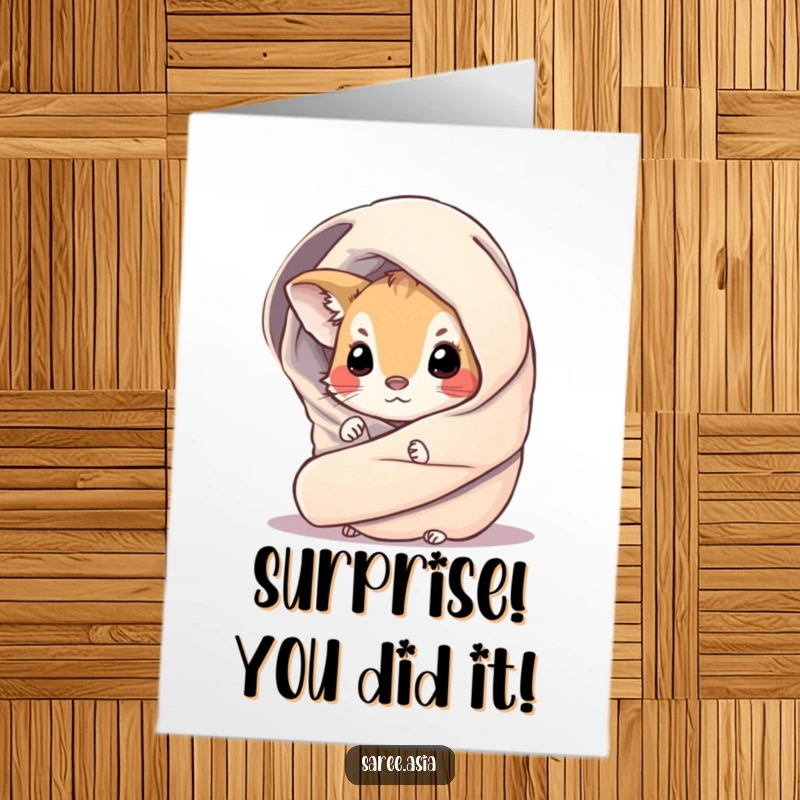 Funny Free Printable Congratulations Card showing a curious animal wrapped in shimmering fabric peeking from behind curtains.