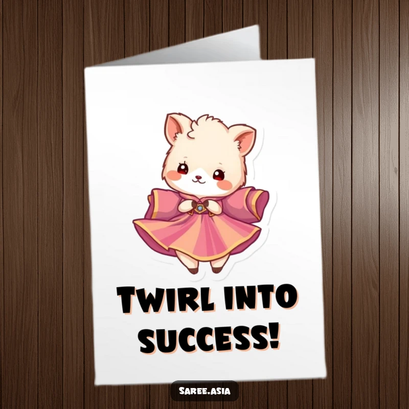 Funny Free Printable Congratulations Card: Small fluffy animal in a vibrant flowing garment twirling gracefully to celebrate success.