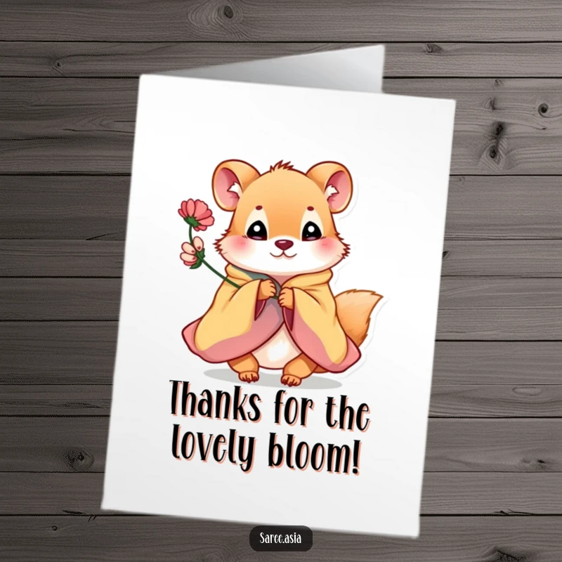 Funny Free Printable Thank You Card: Playful animal in a colorful draped garment offering a flower with a grateful expression.