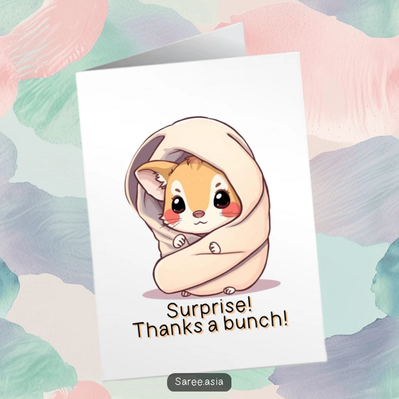 Funny Free Printable Thank You Card featuring a curious animal in a sparkly wrap hiding behind a luxurious drape.