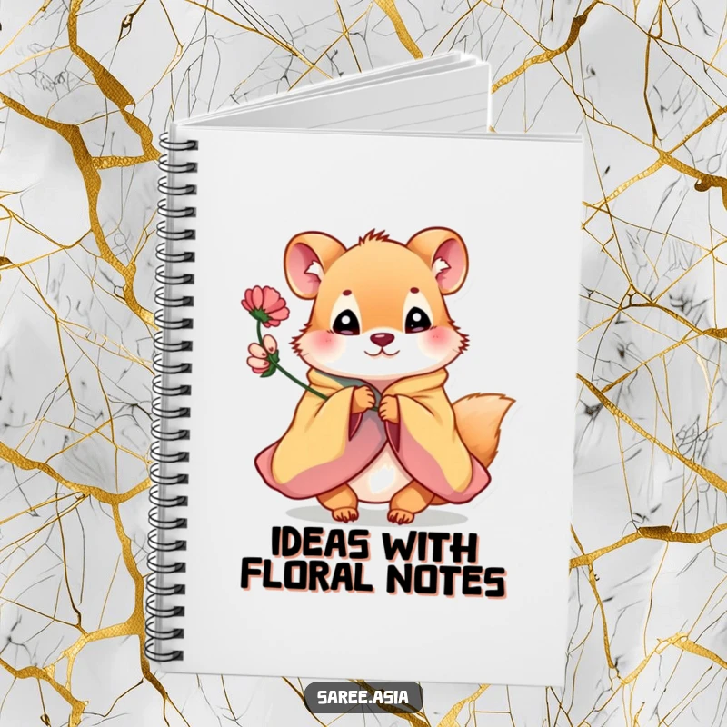 Funny notebook featuring a playful small animal in a colorful garment offering a flower, encouraging thoughtful writing.