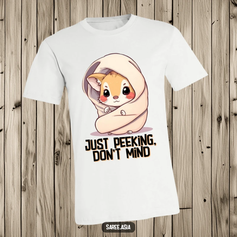 Funny t-shirt with a small, curious animal peeking playfully from behind a shimmering, draped wrap, conveying a sense of intrigue.