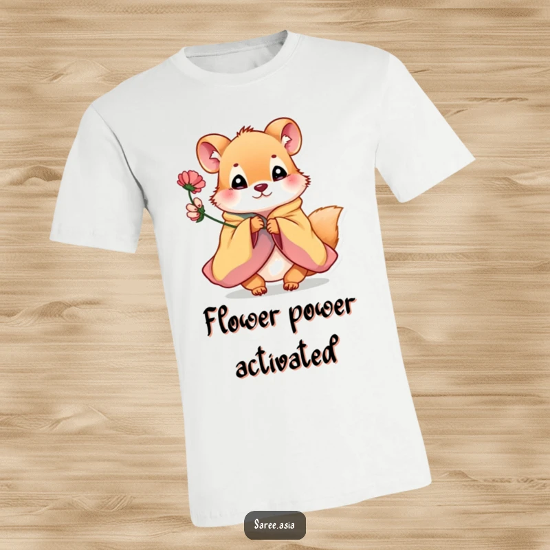 Funny t-shirt featuring a playful small animal in a colorful garment offering a flower, a symbol of sweet gestures.