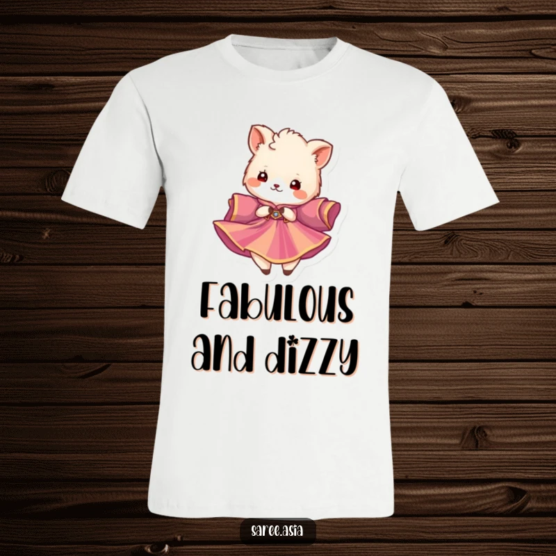 Funny t-shirt showcasing a fluffy animal in a vibrant garment twirling gracefully, a symbol of delightful motion.