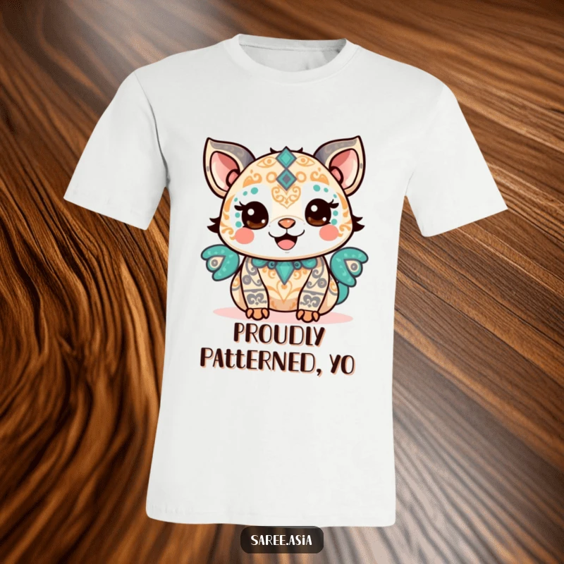 Funny t-shirt featuring a happy small animal adorned with intricate patterns, beaming with pride and radiating success.