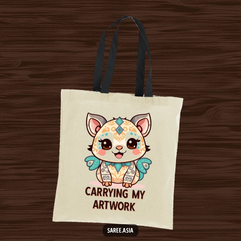Funny tote bag featuring a happy small animal adorned with intricate patterns, beaming with pride, ideal for proud owners.