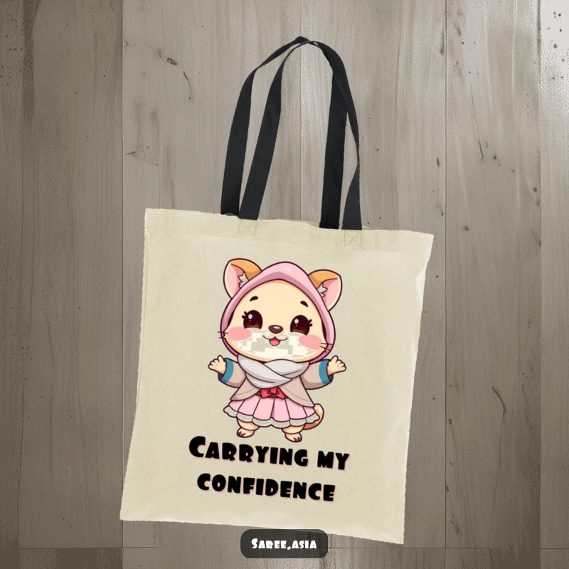Funny tote bag featuring a cheerful small animal in a layered outfit striking a pose, ideal for trendy shoppers.