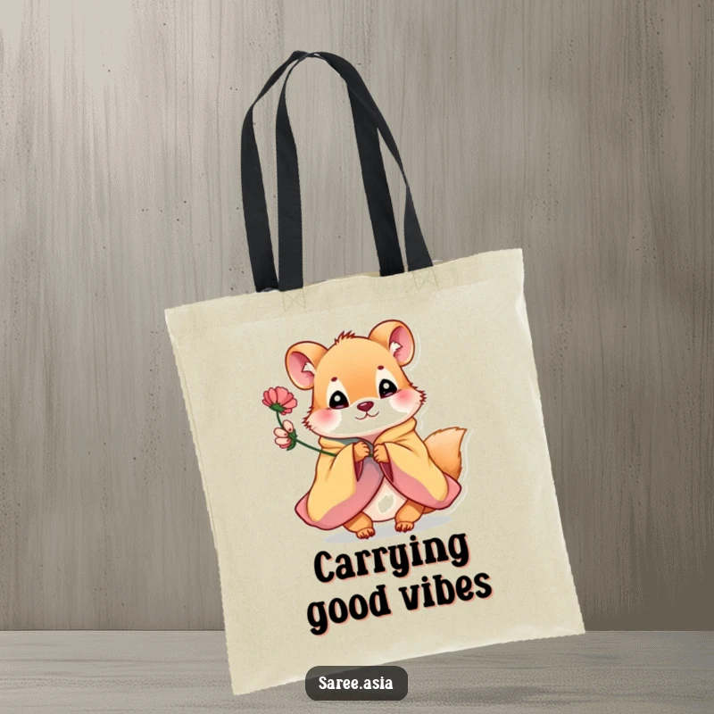 Funny tote bag with a playful small animal in a colorful garment offering a flower, ideal for carrying happiness.