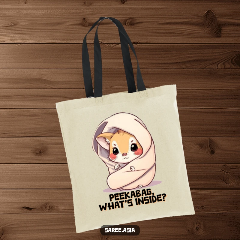 Funny tote bag with a small, curious animal peeking from behind a shimmering, draped wrap, highlighting its intriguing and fashionable nature.
